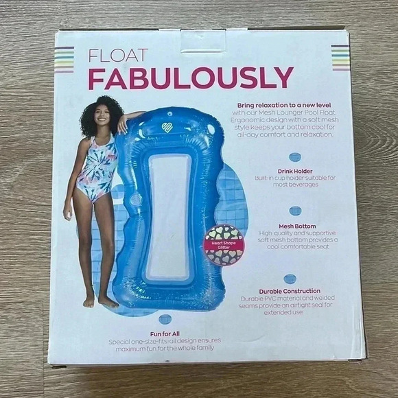 Justice Mesh Lounger Pool Float heart shaped glitter 
New in box 62 x 33.5 - Picture 3 of 5